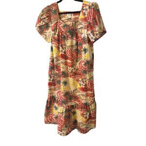 Vintage Hawaiian Womens Dress X-Large Cotton Red Yellow Floral Beach Design